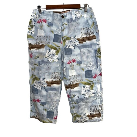 Caribbean Joe Blue Floral  Voyage Oasis Travel Capri Pants Women’s 12 Petite - Picture 1 of 9